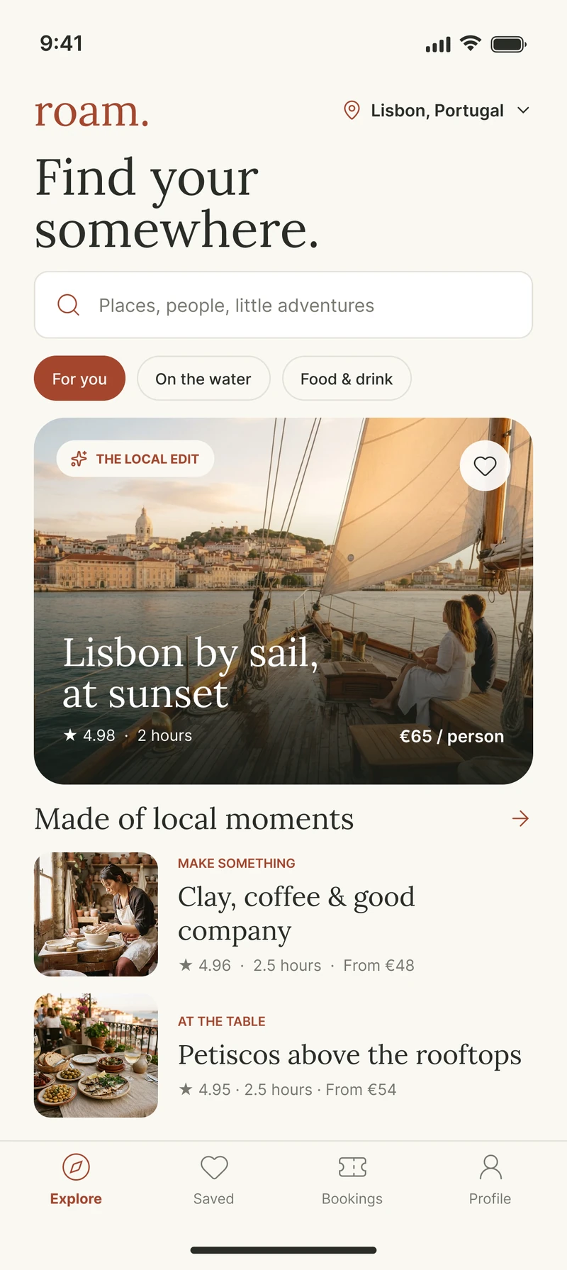Roam: Discovery. A top pick and a few local ideas, filtered by mood.