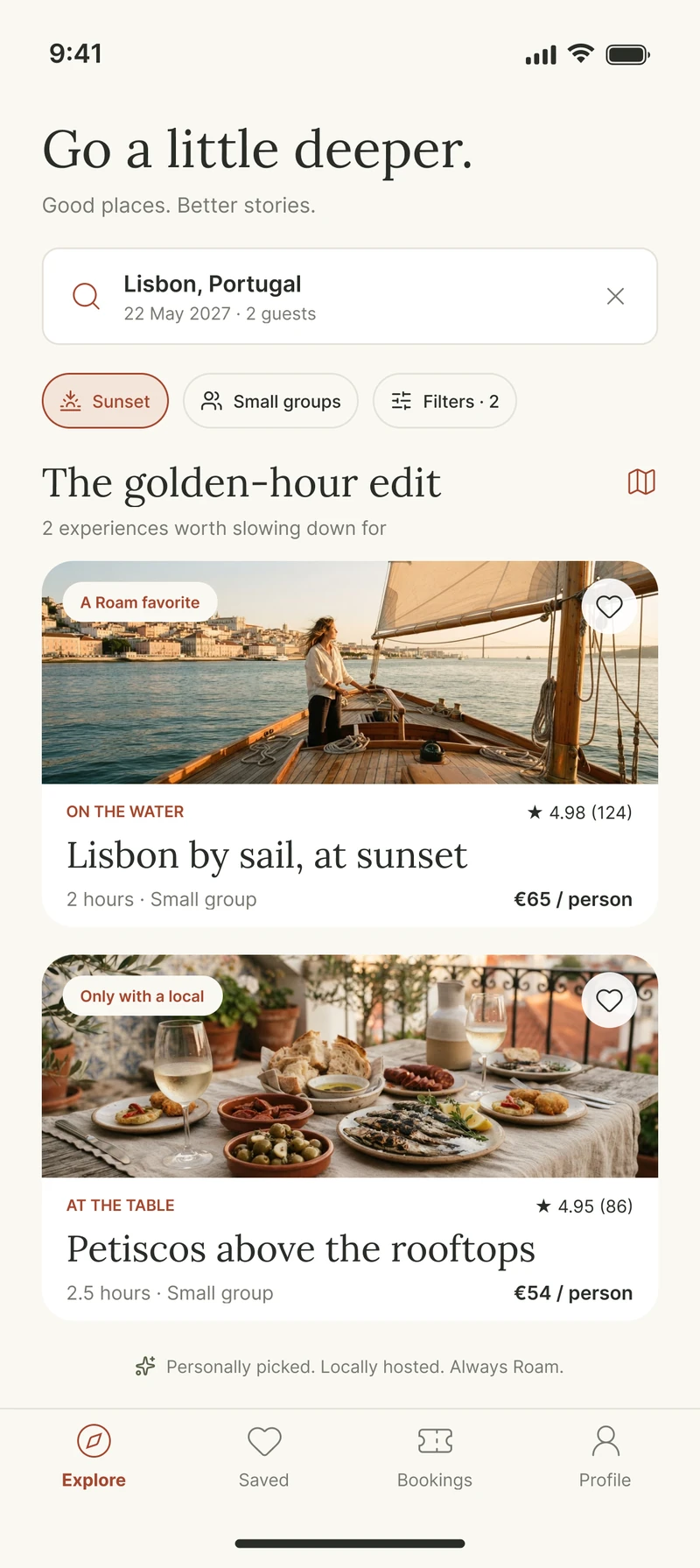 Roam: Curated search. Just 2 options for your date, each with a reason it was chosen.
