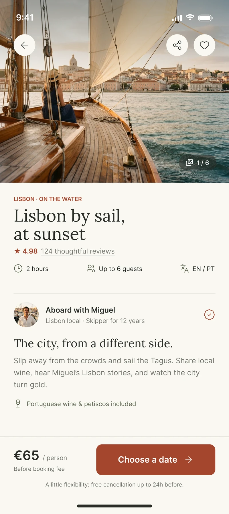 Roam: Experience detail. The host first, then duration, group size, languages and what's included.