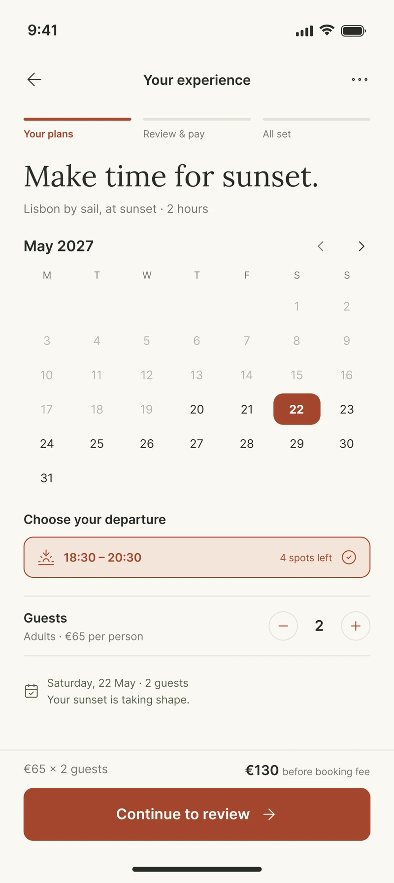Roam: Date and guests. Your date is already filled. Pick a time and see the total before the fee.