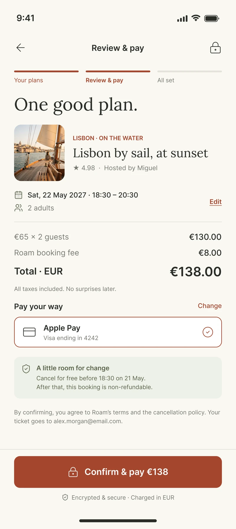 Roam: Review and payment. Every cost on its own line, plus the exact time you can cancel for free.