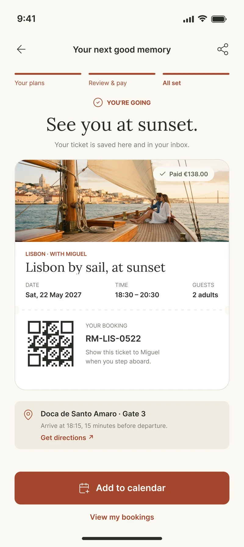 Roam: Confirmed ticket. Code, QR, meeting point, arrival time and directions.